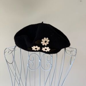 Toucan Collection Black Wool Beret with Floral Appliqué